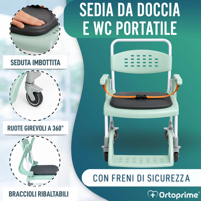 Sedia Comoda Doccia con Ruote 3 in 1 | Sedile con Drenaggio