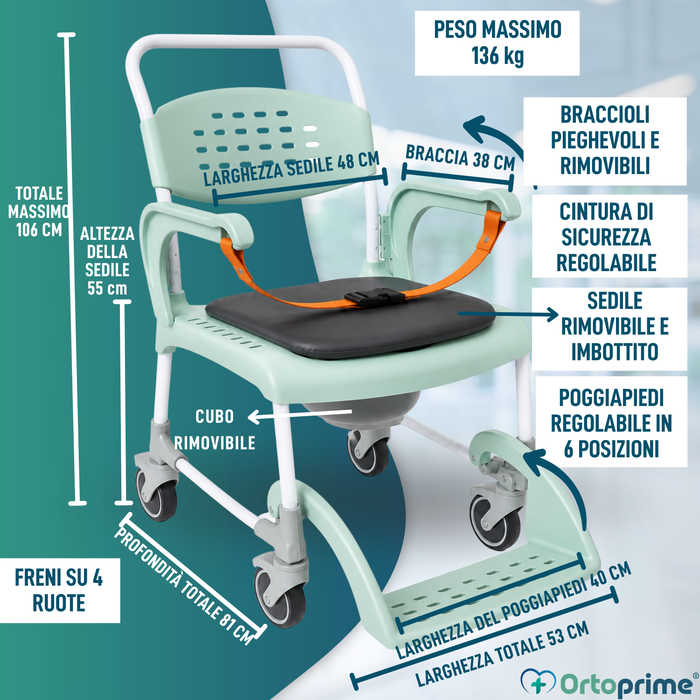 Sedia Comoda Doccia con Ruote 3 in 1 | Sedile con Drenaggio