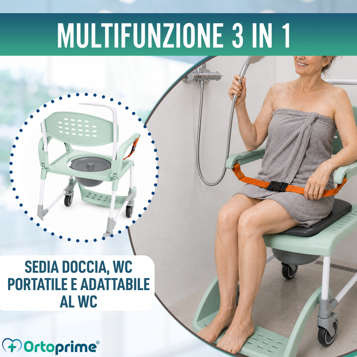 Sedia Comoda Doccia con Ruote 3 in 1 | Sedile con Drenaggio
