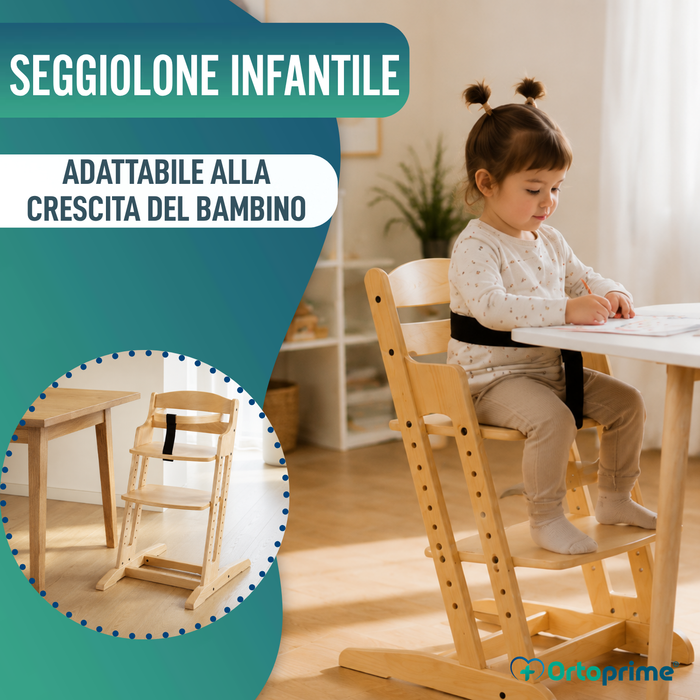 Seggiolone Evolutivo in Legno per Bambini | Altezza Regolabile