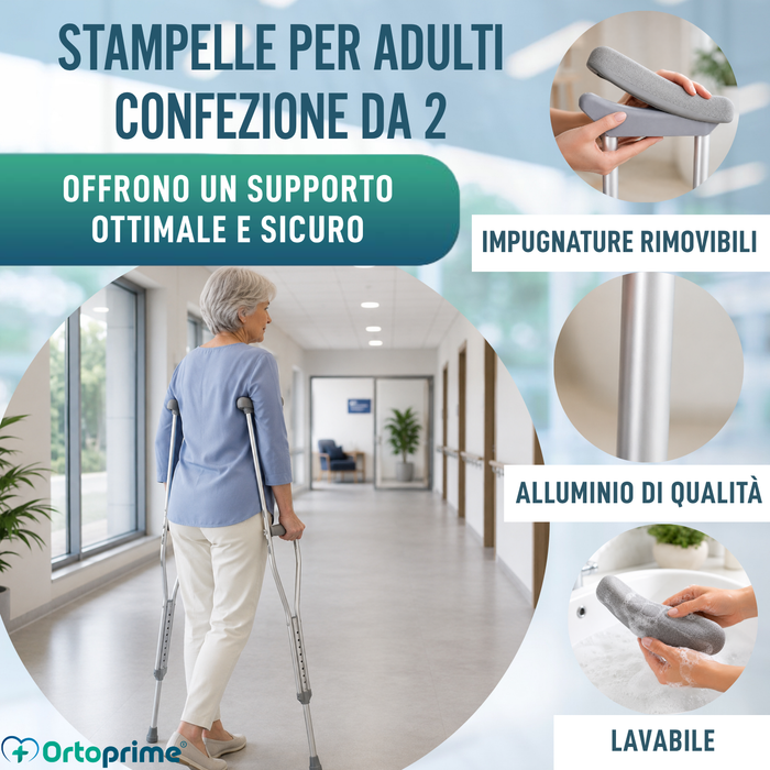 Stampelle Adulti Ascellari | Regolabili in Alluminio Pack x2
