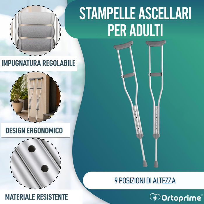 Stampelle Adulti Ascellari | Regolabili in Alluminio Pack x2