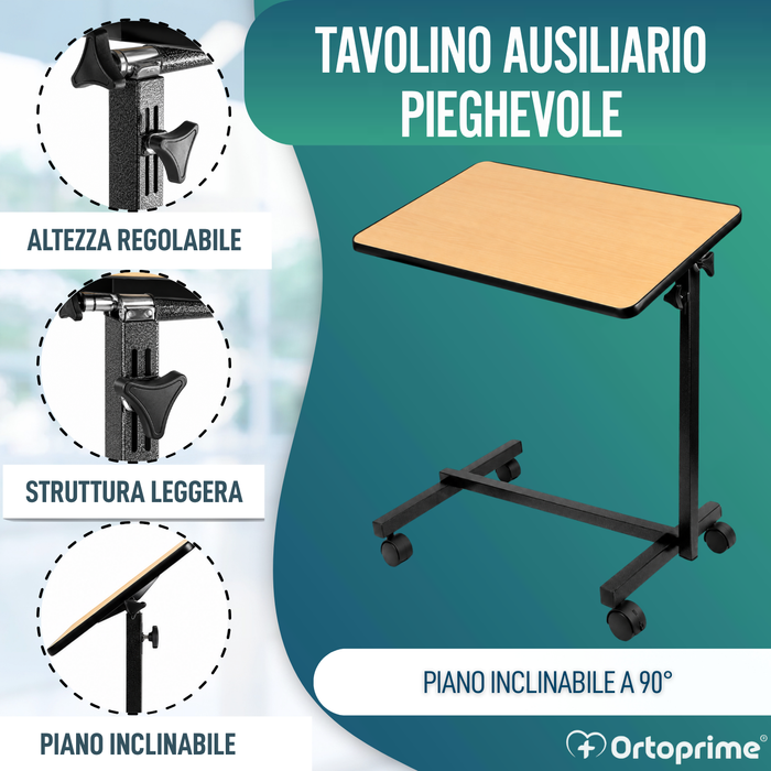 Mensa Ausiliaria Pieghevole con Altezza Regolabile e Piano Ribaltabile a 90°